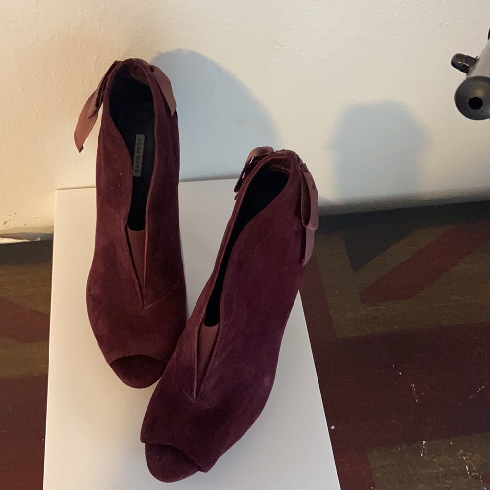 Vera Wang  dress platforms. Eggplant suede with attached bow detail.